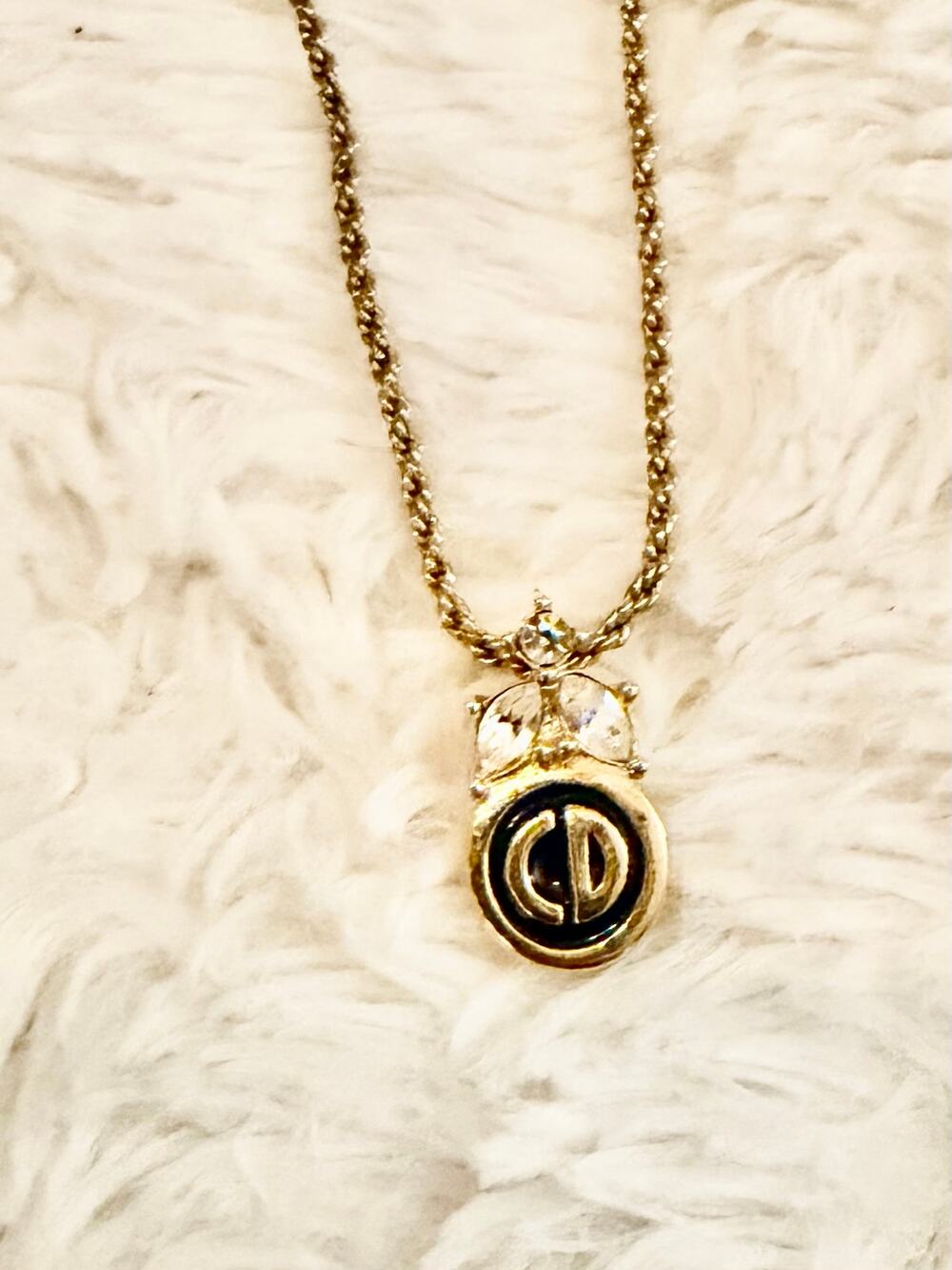 Authentic Vintage Christian Dior 1990s Logo Black Enamel Crystal Gold Necklace